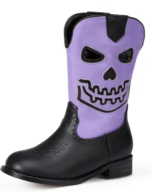 PANDANINJIA Girls Cowboy Boots For Boys Kids Toddler Western Mid Calf Cowgirl Boots Riding Shoes With Halloween Skull Element Booties