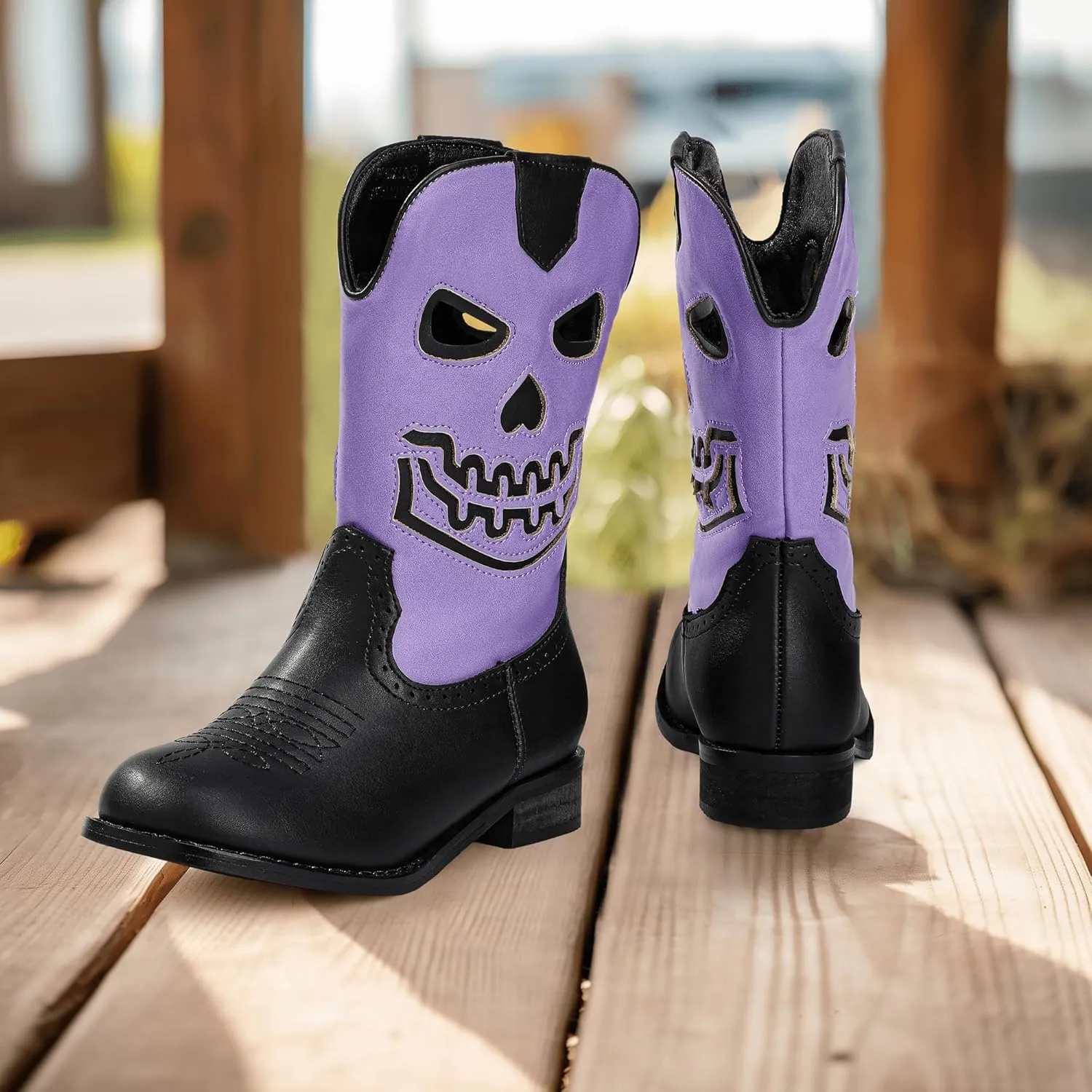 PANDANINJIA Girls Cowboy Boots For Boys Kids Toddler Western Mid Calf Cowgirl Boots Riding Shoes With Halloween Skull Element Booties