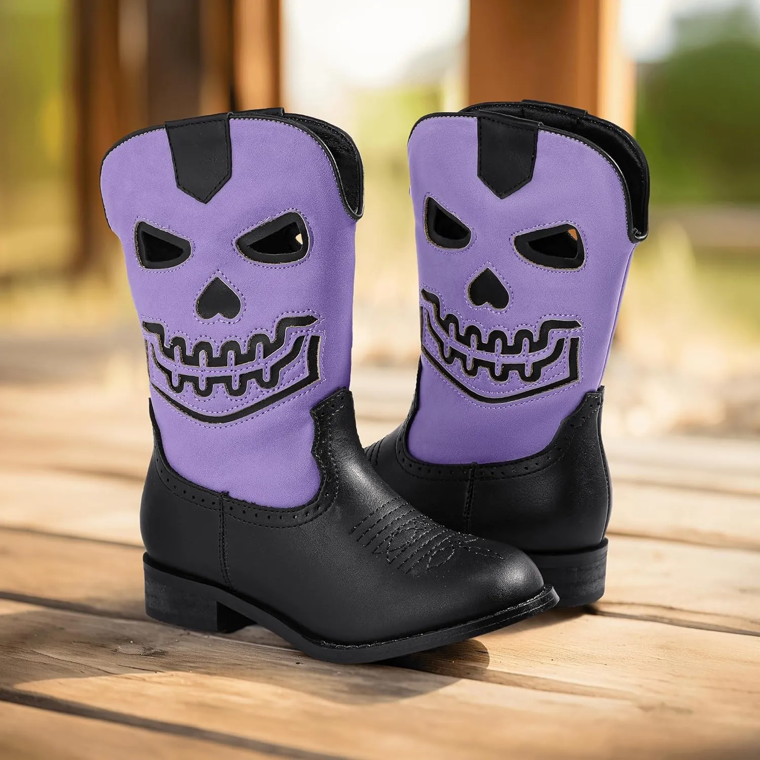PANDANINJIA Girls Cowboy Boots For Boys Kids Toddler Western Mid Calf Cowgirl Boots Riding Shoes With Halloween Skull Element Booties
