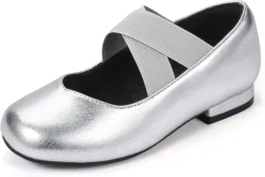 PANDANINJIA Girls Dress Shoes Ballet Flats Mary Jane Elastic Cross Strap Little Big Kid Low Heels Flower Girl Shoes