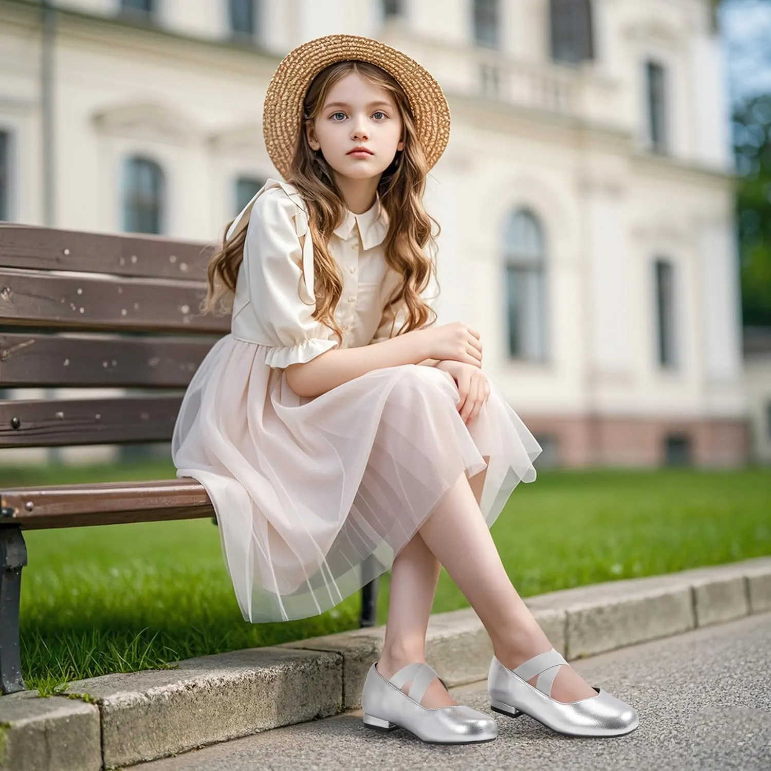 PANDANINJIA Girls Dress Shoes Ballet Flats Mary Jane Elastic Cross Strap Little Big Kid Low Heels Flower Girl Shoes