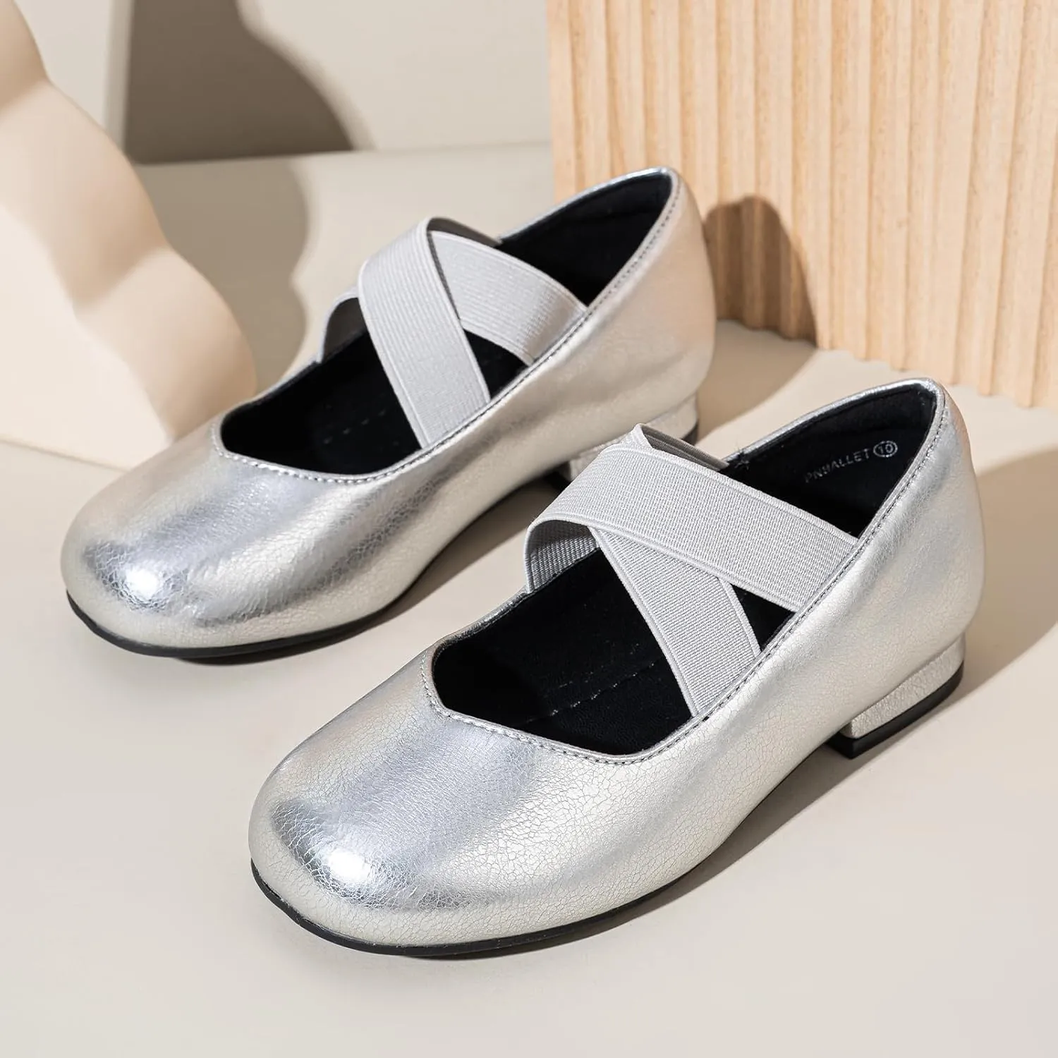 PANDANINJIA Girls Dress Shoes Ballet Flats Mary Jane Elastic Cross Strap Little Big Kid Low Heels Flower Girl Shoes