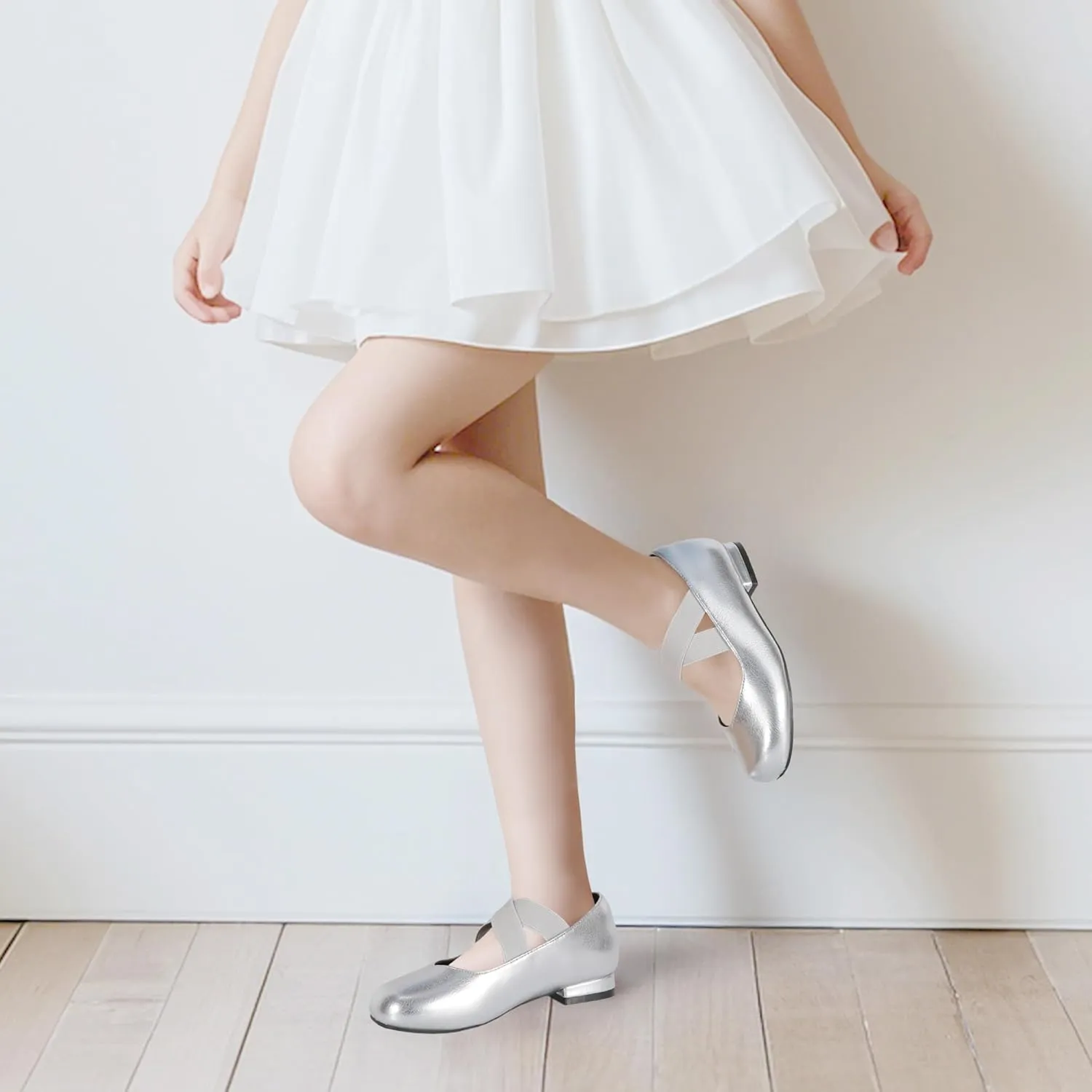 PANDANINJIA Girls Dress Shoes Ballet Flats Mary Jane Elastic Cross Strap Little Big Kid Low Heels Flower Girl Shoes