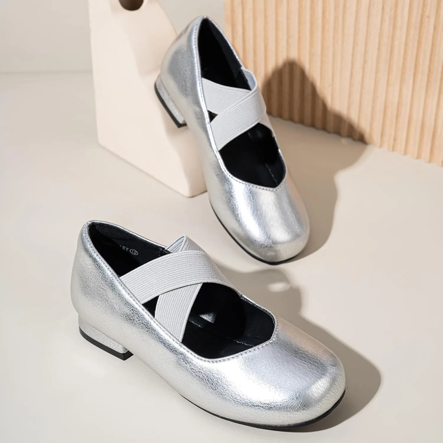 PANDANINJIA Girls Dress Shoes Ballet Flats Mary Jane Elastic Cross Strap Little Big Kid Low Heels Flower Girl Shoes