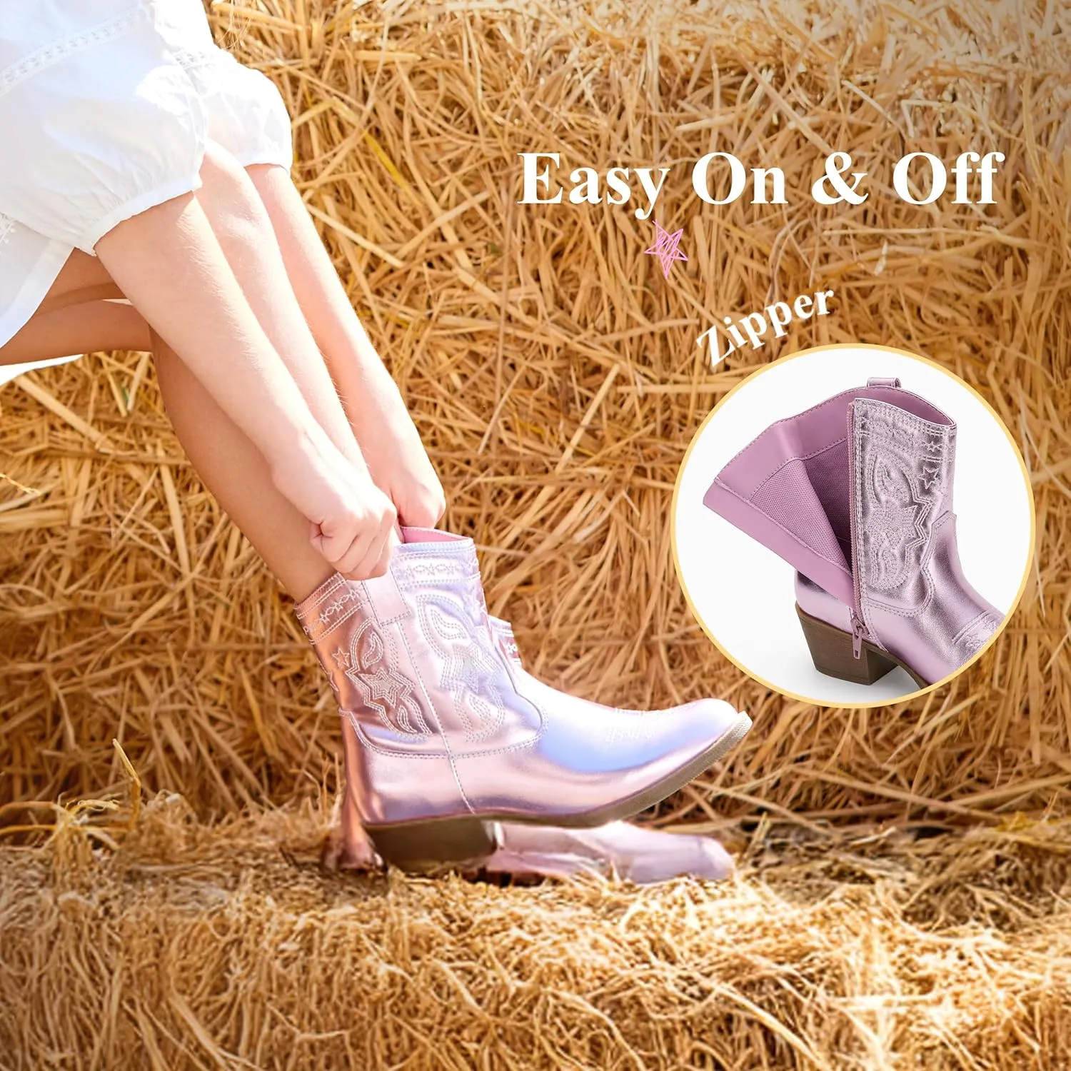 PATPAT Kids Cowboy Boots for Girls and Boys – Western Mid Calf Cowgirl Boots with Embroidered and Zipper Design, Riding Shoes for Little Kid/Big Kid