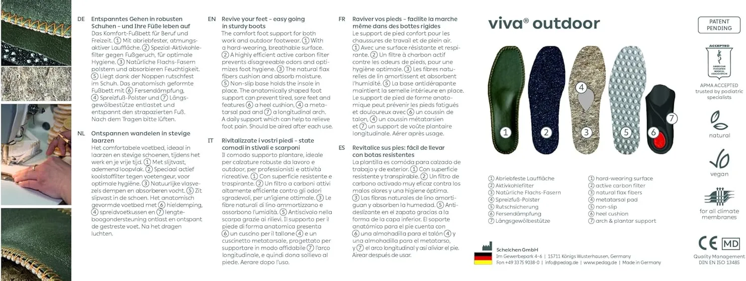pedag Viva Outdoor | Made in Germany | Hiking Arch Support, Metatarsal Pad & Heel Cushion | Breathable Vegan Leather Insoles | Semi-Rigid | Prevents Foot Odor & Relieves Tired Feet. Size US W7/EU37