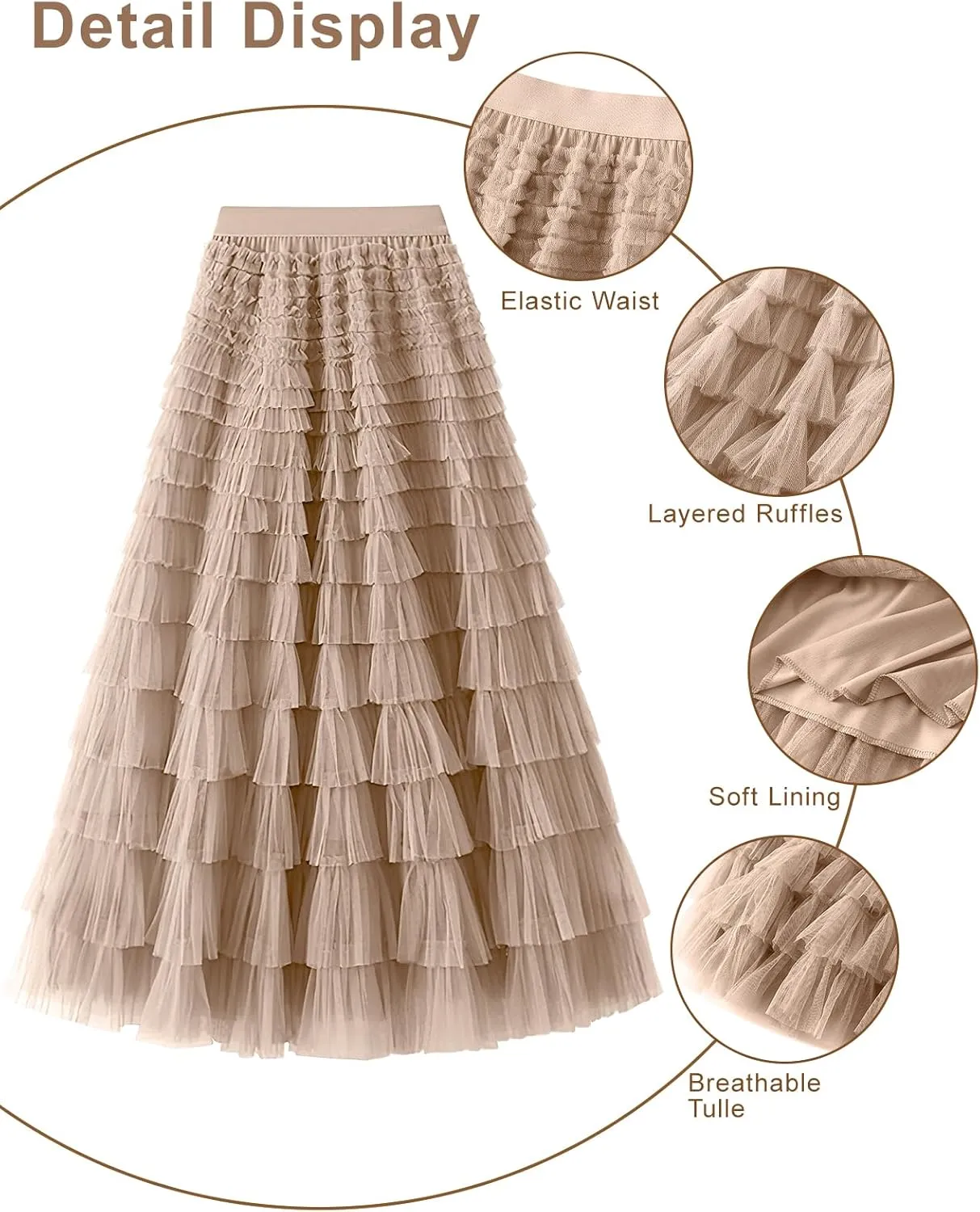 PEHMEA Women's Tiered Tulle Midi Skirt Elastic High Waist Flowy A-Line Maxi Skirts with Ruffle Layers for Party Wedding Daily