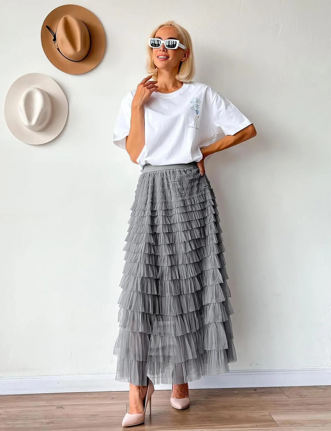 PEHMEA Women's Tiered Tulle Midi Skirt Elastic High Waist Flowy A-Line Maxi Skirts with Ruffle Layers for Party Wedding Daily