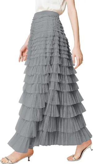 PEHMEA Women's Tiered Tulle Midi Skirt Elastic High Waist Flowy A-Line Maxi Skirts with Ruffle Layers for Party Wedding Daily