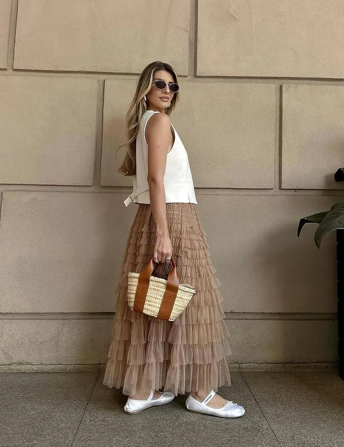 PEHMEA Women's Tiered Tulle Midi Skirt Elastic High Waist Flowy A-Line Maxi Skirts with Ruffle Layers for Party Wedding Daily