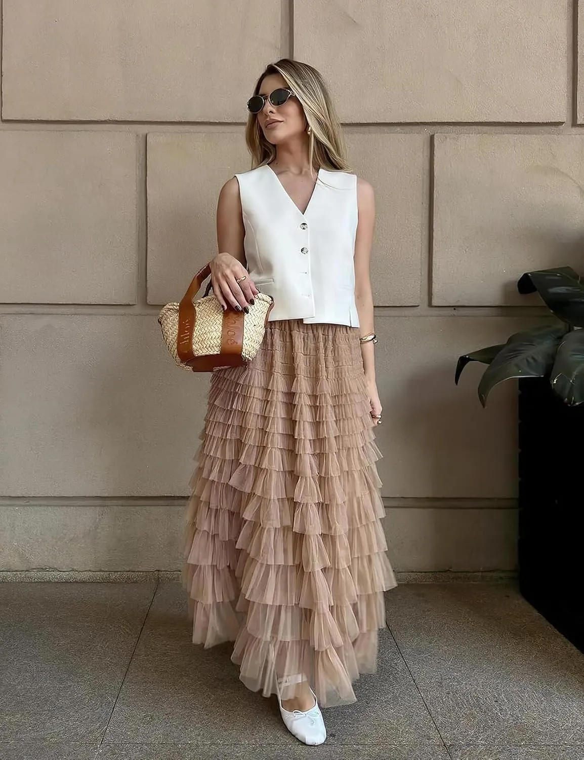 PEHMEA Women's Tiered Tulle Midi Skirt Elastic High Waist Flowy A-Line Maxi Skirts with Ruffle Layers for Party Wedding Daily