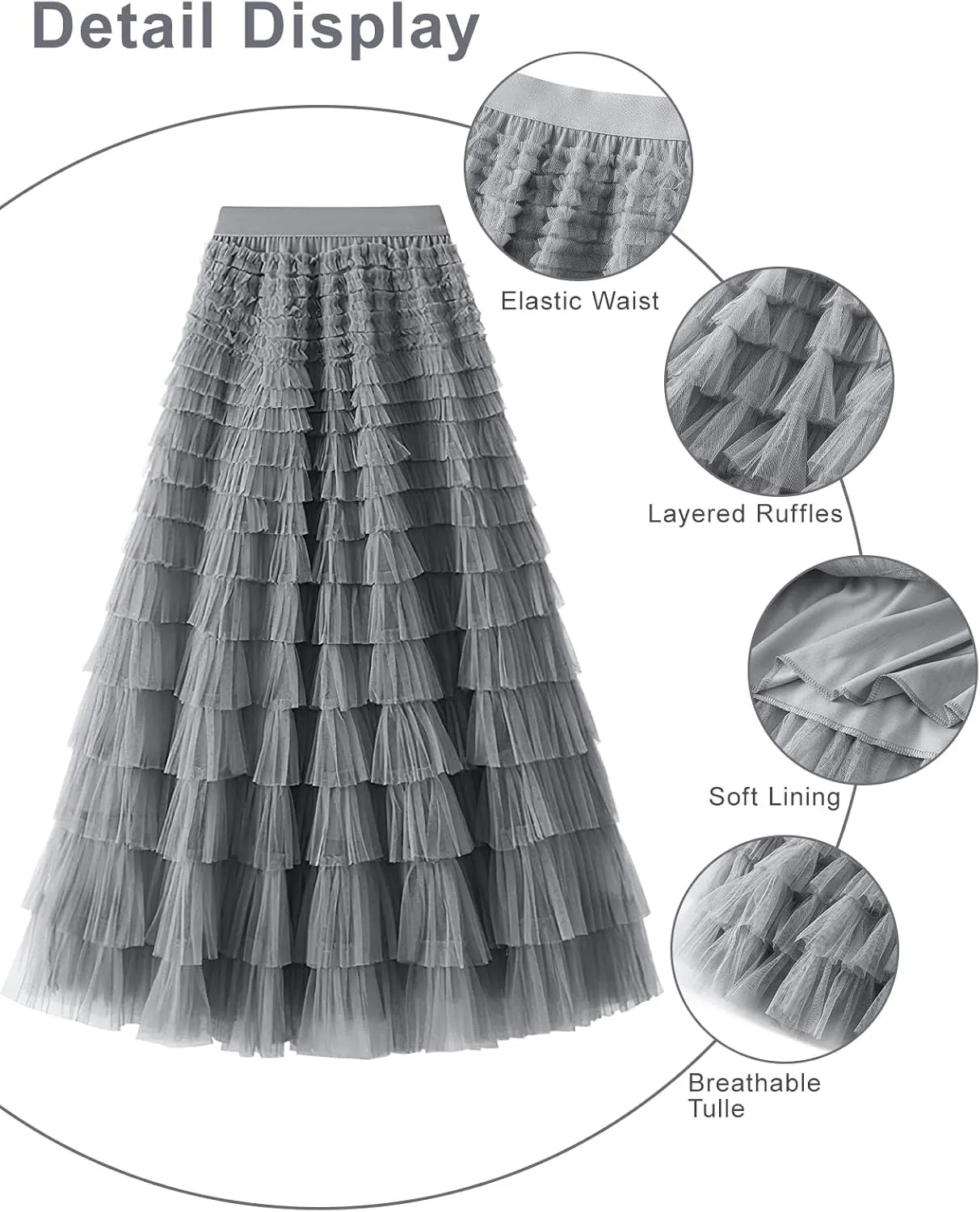 PEHMEA Women's Tiered Tulle Midi Skirt Elastic High Waist Flowy A-Line Maxi Skirts with Ruffle Layers for Party Wedding Daily