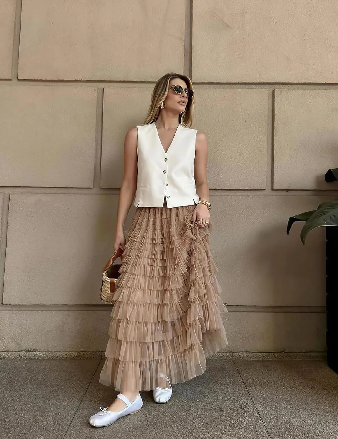 PEHMEA Women's Tiered Tulle Midi Skirt Elastic High Waist Flowy A-Line Maxi Skirts with Ruffle Layers for Party Wedding Daily