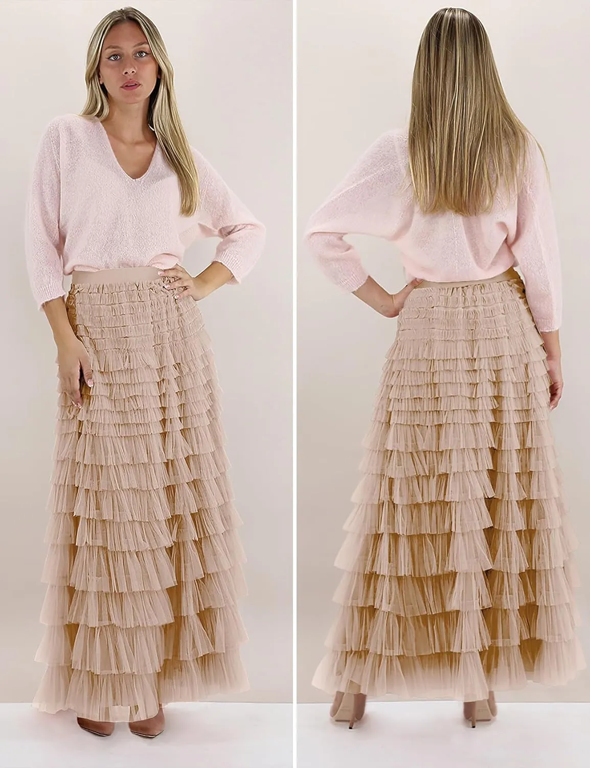 PEHMEA Women's Tiered Tulle Midi Skirt Elastic High Waist Flowy A-Line Maxi Skirts with Ruffle Layers for Party Wedding Daily