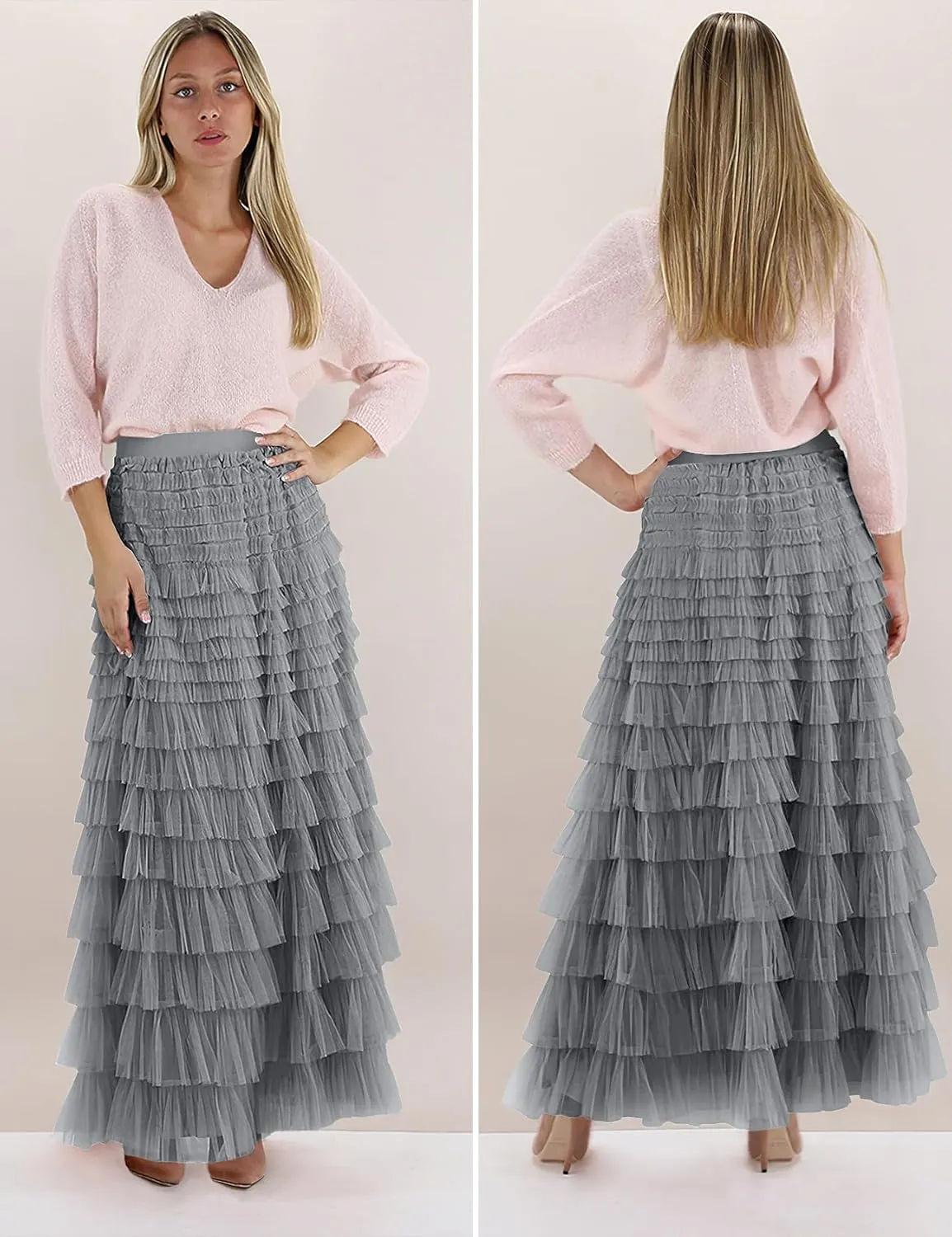 PEHMEA Women's Tiered Tulle Midi Skirt Elastic High Waist Flowy A-Line Maxi Skirts with Ruffle Layers for Party Wedding Daily