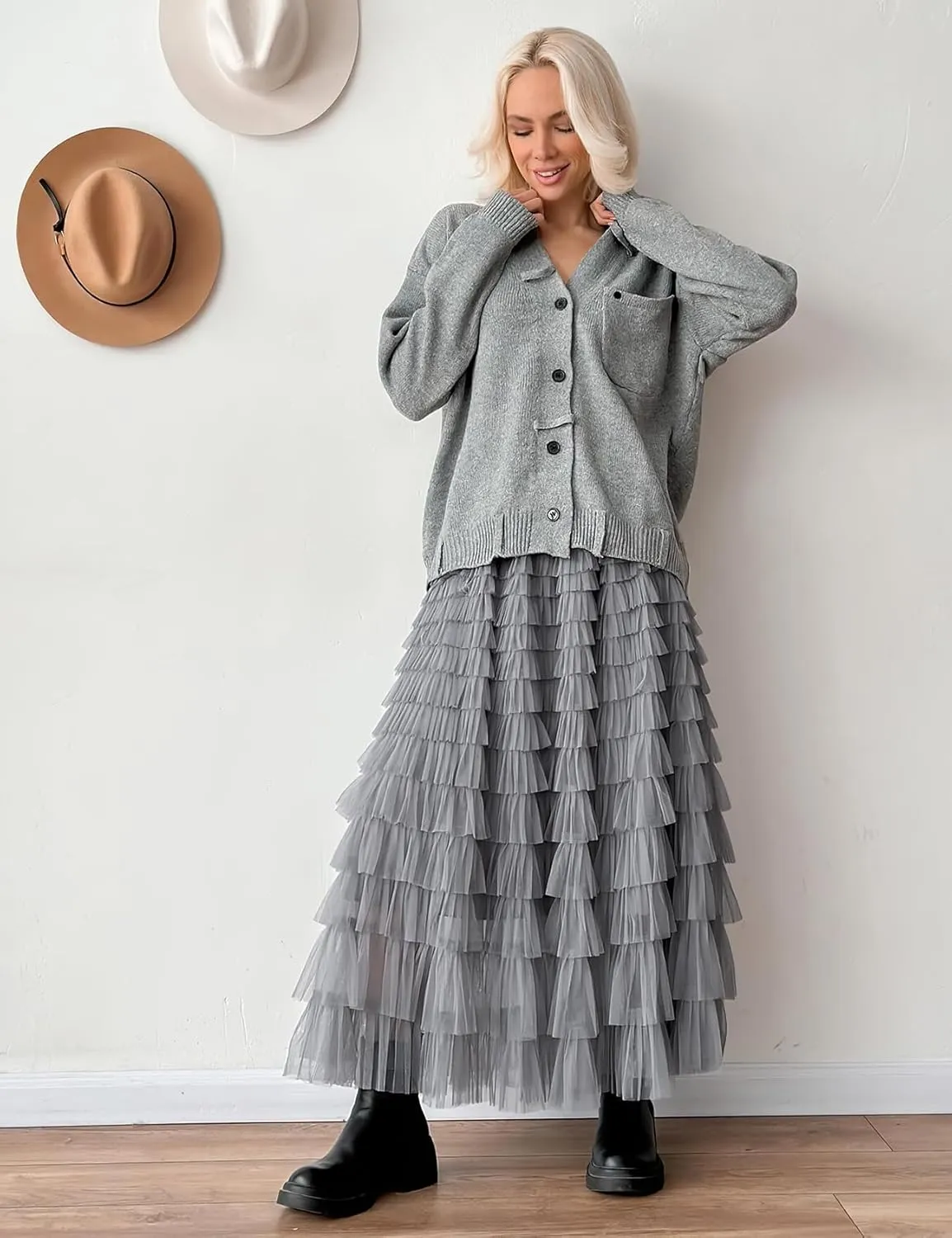 PEHMEA Women's Tiered Tulle Midi Skirt Elastic High Waist Flowy A-Line Maxi Skirts with Ruffle Layers for Party Wedding Daily