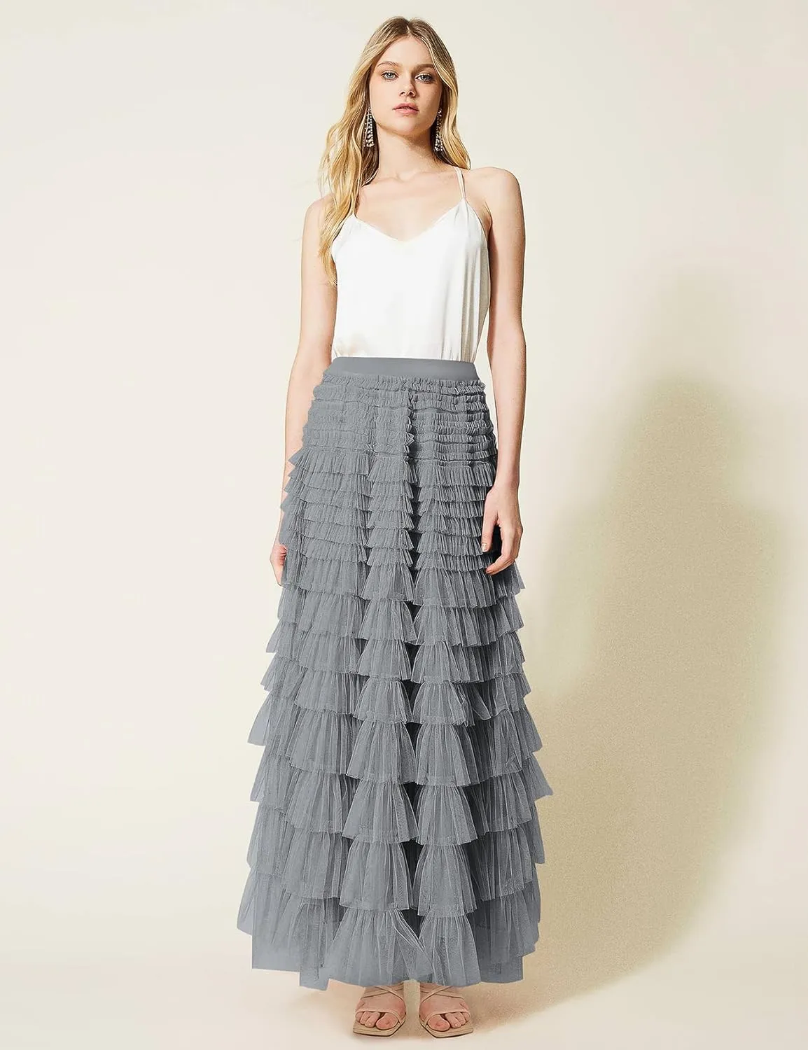 PEHMEA Women's Tiered Tulle Midi Skirt Elastic High Waist Flowy A-Line Maxi Skirts with Ruffle Layers for Party Wedding Daily