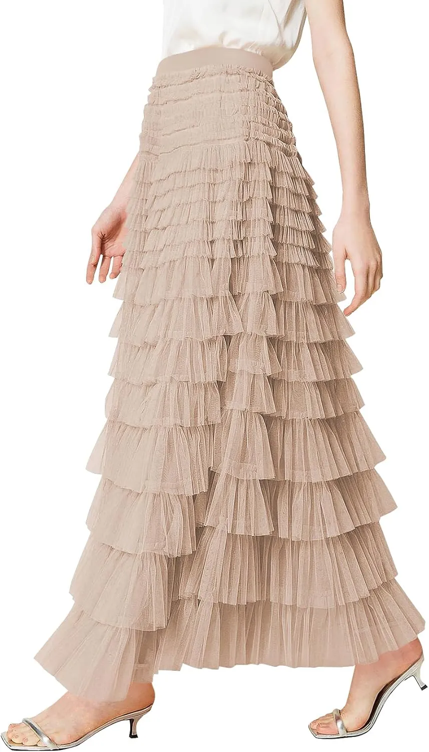 PEHMEA Women's Tiered Tulle Midi Skirt Elastic High Waist Flowy A-Line Maxi Skirts with Ruffle Layers for Party Wedding Daily