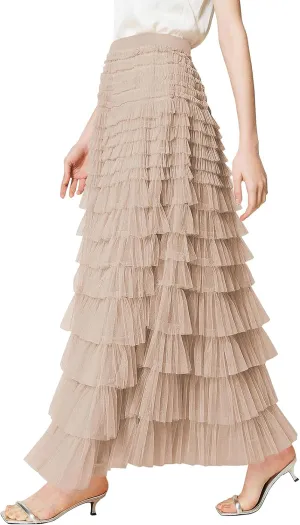 PEHMEA Women's Tiered Tulle Midi Skirt Elastic High Waist Flowy A-Line Maxi Skirts with Ruffle Layers for Party Wedding Daily