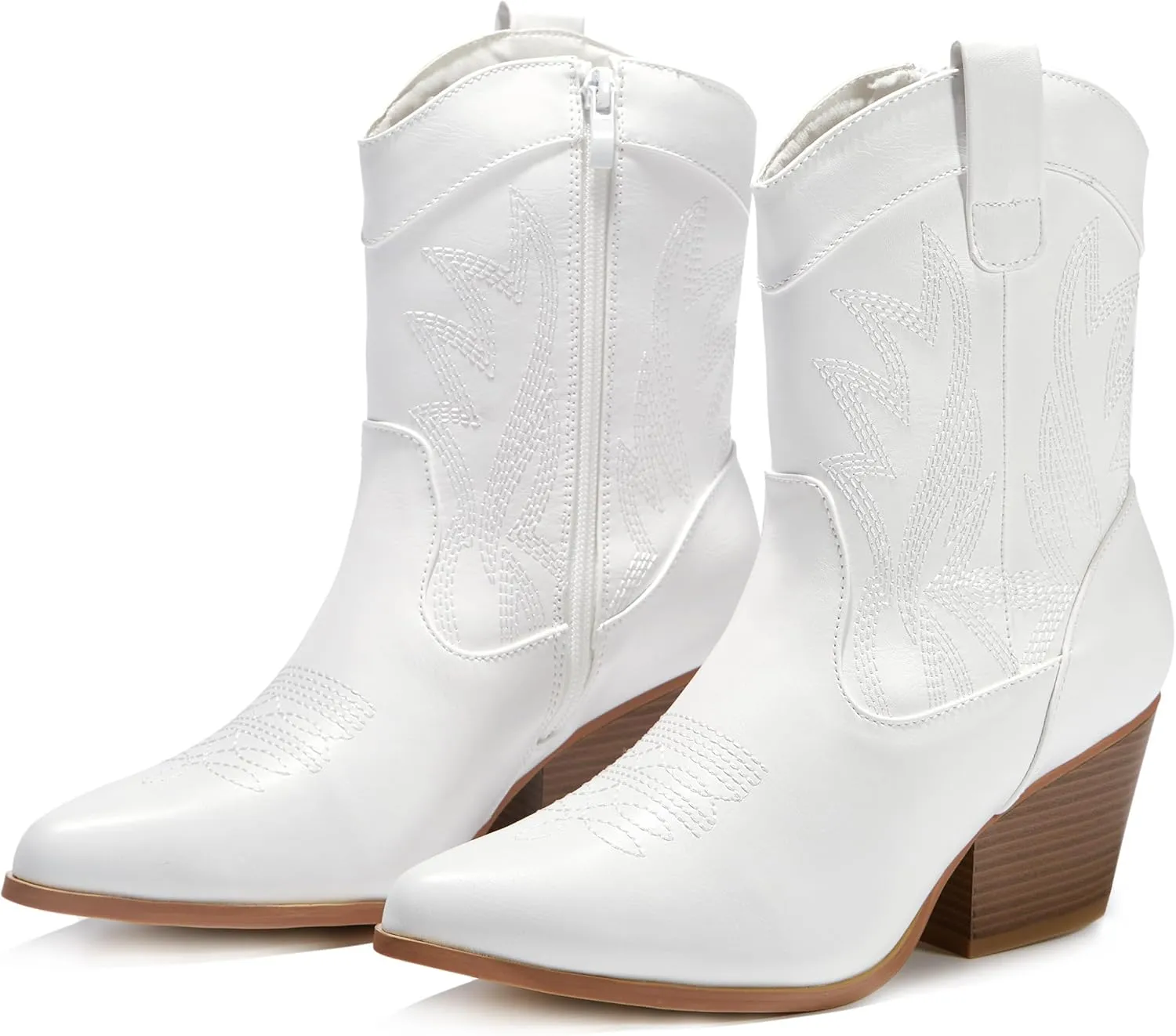 PEPPEP Western Cowgirl Cowboy Ankle Boots for Women or Ladies, Mid Calf, Vegan Leather Embroidered Upper, Low Heel, Fashionable Pointed-toe, Well Made