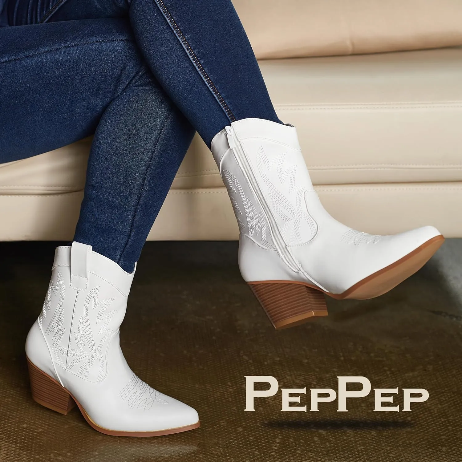 PEPPEP Western Cowgirl Cowboy Ankle Boots for Women or Ladies, Mid Calf, Vegan Leather Embroidered Upper, Low Heel, Fashionable Pointed-toe, Well Made