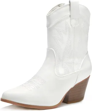 PEPPEP Western Cowgirl Cowboy Ankle Boots for Women or Ladies, Mid Calf, Vegan Leather Embroidered Upper, Low Heel, Fashionable Pointed-toe, Well Made