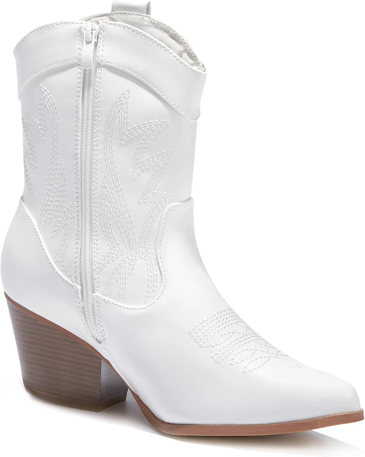 PEPPEP Western Cowgirl Cowboy Ankle Boots for Women or Ladies, Mid Calf, Vegan Leather Embroidered Upper, Low Heel, Fashionable Pointed-toe, Well Made