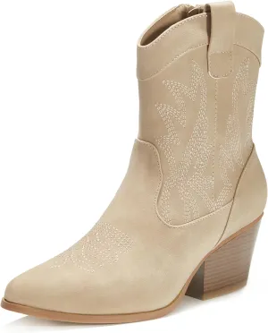 PEPPEP Western Cowgirl Cowboy Ankle Boots for Women or Ladies, Mid Calf, Vegan Leather Embroidered Upper, Low Heel, Fashionable Pointed-toe, Well Made