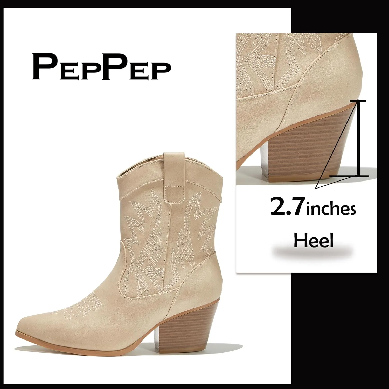 PEPPEP Western Cowgirl Cowboy Ankle Boots for Women or Ladies, Mid Calf, Vegan Leather Embroidered Upper, Low Heel, Fashionable Pointed-toe, Well Made