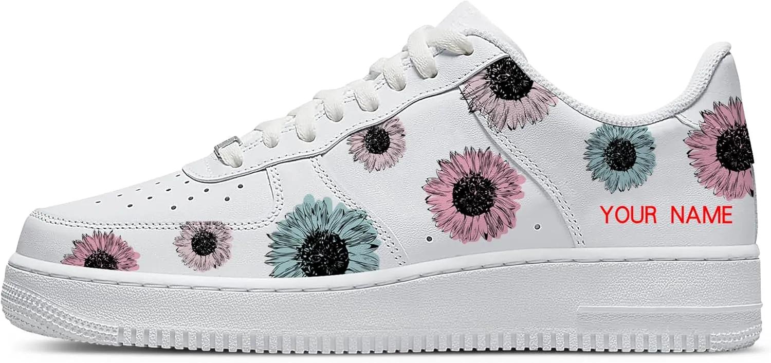 Personalized Sunflower Basketball Shoes - Custom Name Classic Lace Up Low-Top Fashion Sneakers for Men and Women, Breathable Anti-Slip Outdoor Training Shoes - Unique Floral Design