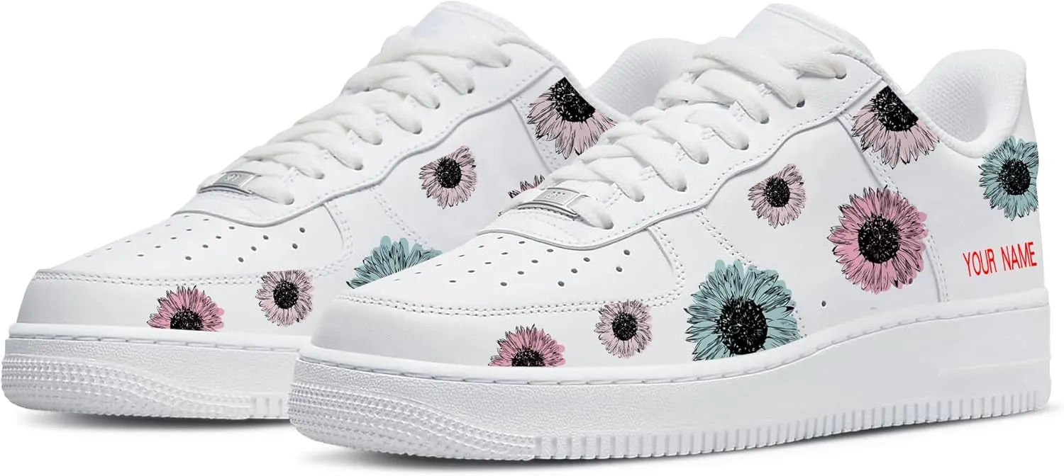 Personalized Sunflower Basketball Shoes - Custom Name Classic Lace Up Low-Top Fashion Sneakers for Men and Women, Breathable Anti-Slip Outdoor Training Shoes - Unique Floral Design