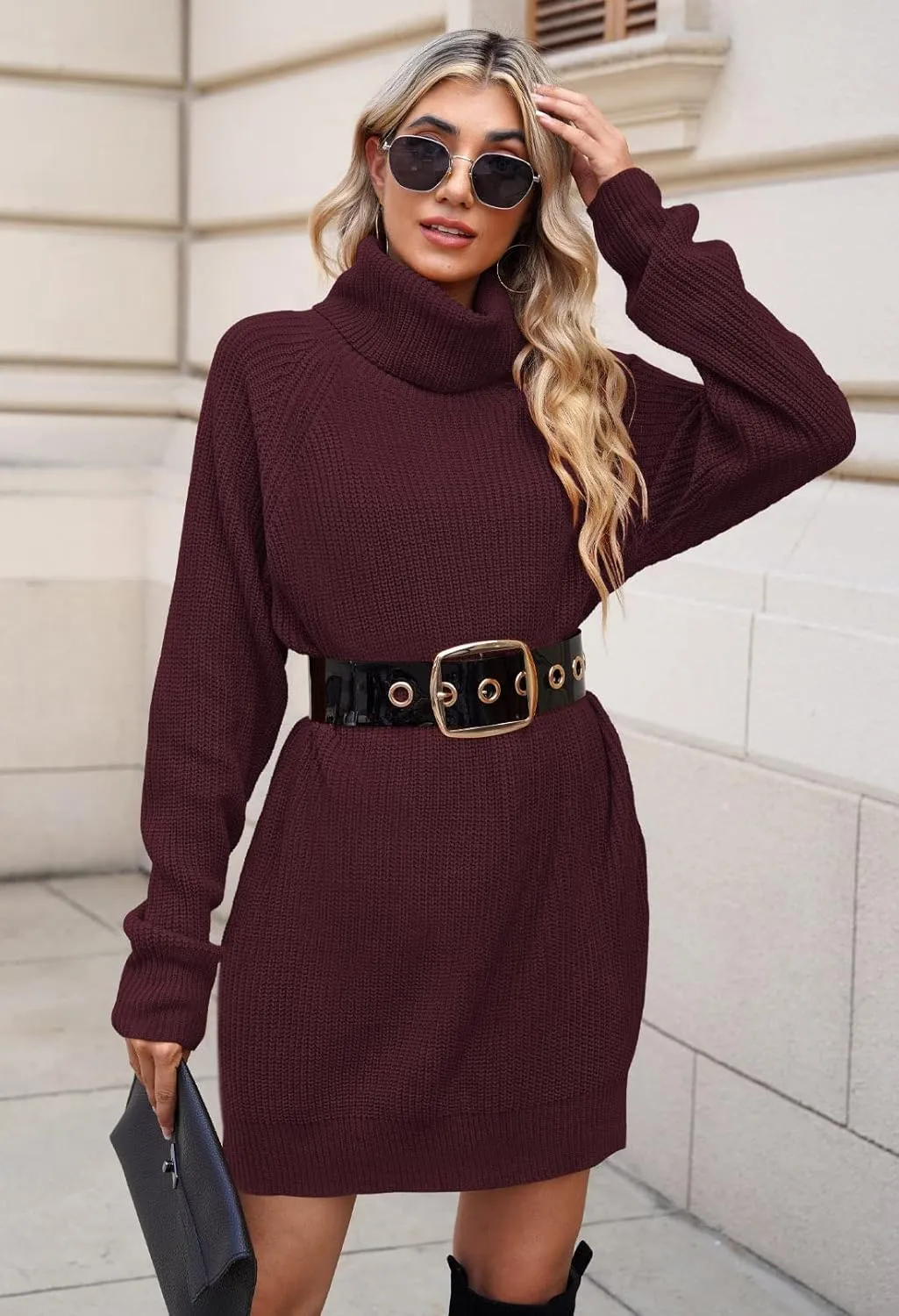 Pink Queen Women's Loose Turtleneck Oversize Long Pullover Sweater Dress