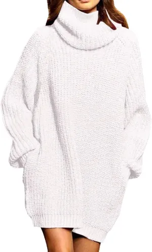 Pink Queen Women's Loose Turtleneck Oversize Long Pullover Sweater Dress