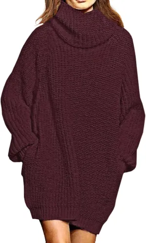 Pink Queen Women's Loose Turtleneck Oversize Long Pullover Sweater Dress