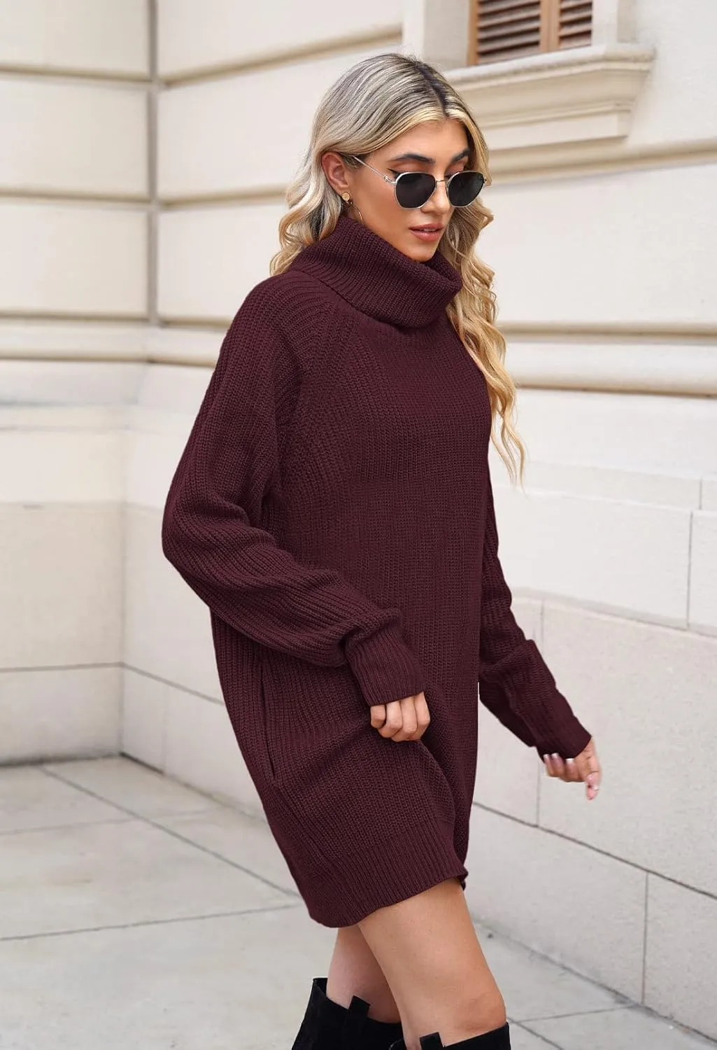 Pink Queen Women's Loose Turtleneck Oversize Long Pullover Sweater Dress