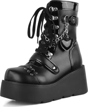 Platform Ankle boots for Women Goth Rave Boots Kawaii Shoes High Heel Round Toe Zipper Wedges Mid Calf Booties