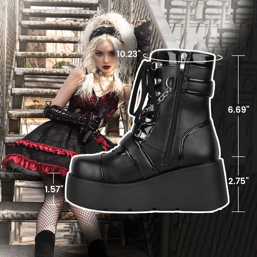 Platform Ankle boots for Women Goth Rave Boots Kawaii Shoes High Heel Round Toe Zipper Wedges Mid Calf Booties