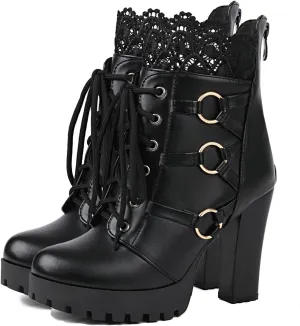 Platform Boots For Women Black Chunky Boot Goth Ankle Booties Bead Lace Lolita Dress Shoes With Zipper
