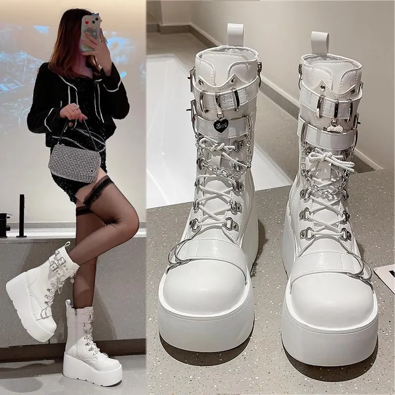 Platform Goth Boots for Women Studded Mid Calf Punk Boots Buckle Chunky Boots Women Rave Boots Side Zipper