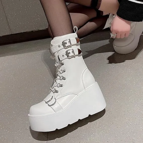 Platform Goth Boots for Women Studded Mid Calf Punk Boots Buckle Chunky Boots Women Rave Boots Side Zipper