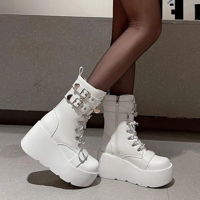 Platform Goth Boots for Women Studded Mid Calf Punk Boots Buckle Chunky Boots Women Rave Boots Side Zipper