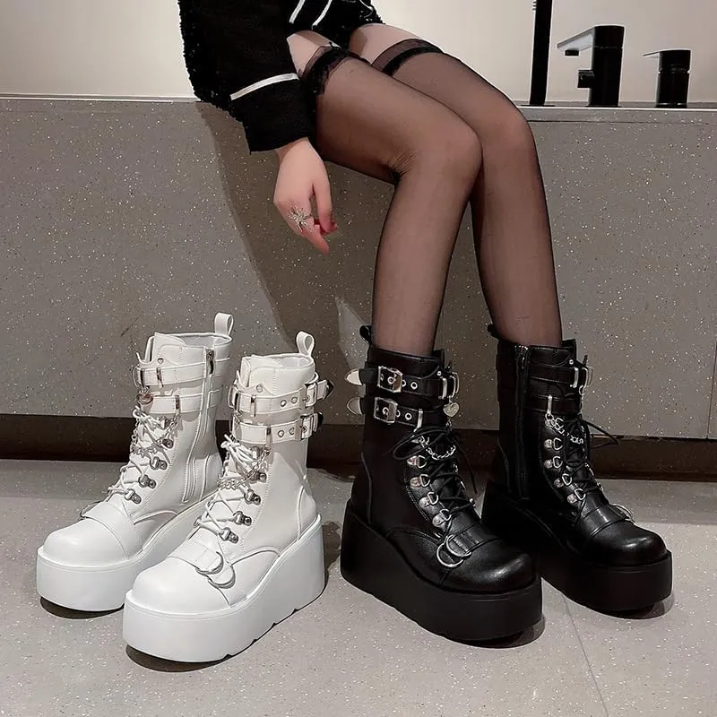Platform Goth Boots for Women Studded Mid Calf Punk Boots Buckle Chunky Boots Women Rave Boots Side Zipper
