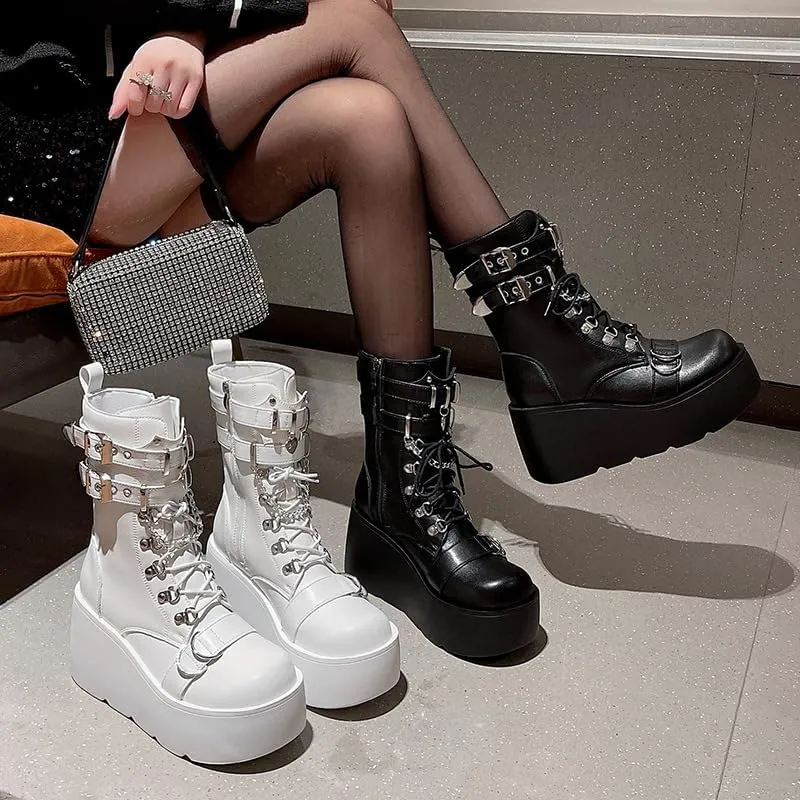 Platform Goth Boots for Women Studded Mid Calf Punk Boots Buckle Chunky Boots Women Rave Boots Side Zipper
