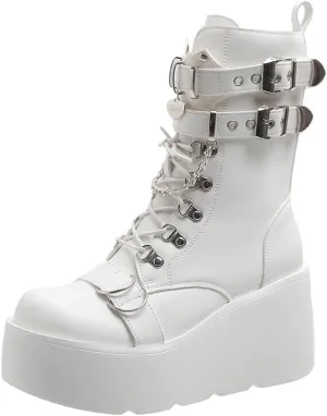 Platform Goth Boots for Women Studded Mid Calf Punk Boots Buckle Chunky Boots Women Rave Boots Side Zipper