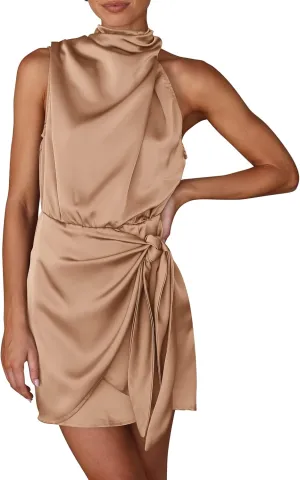 PRETTYGARDEN Women's Short Formal Satin Dress Summer Sleeveless Mock Neck Tie Waist Cocktail Party Dresses