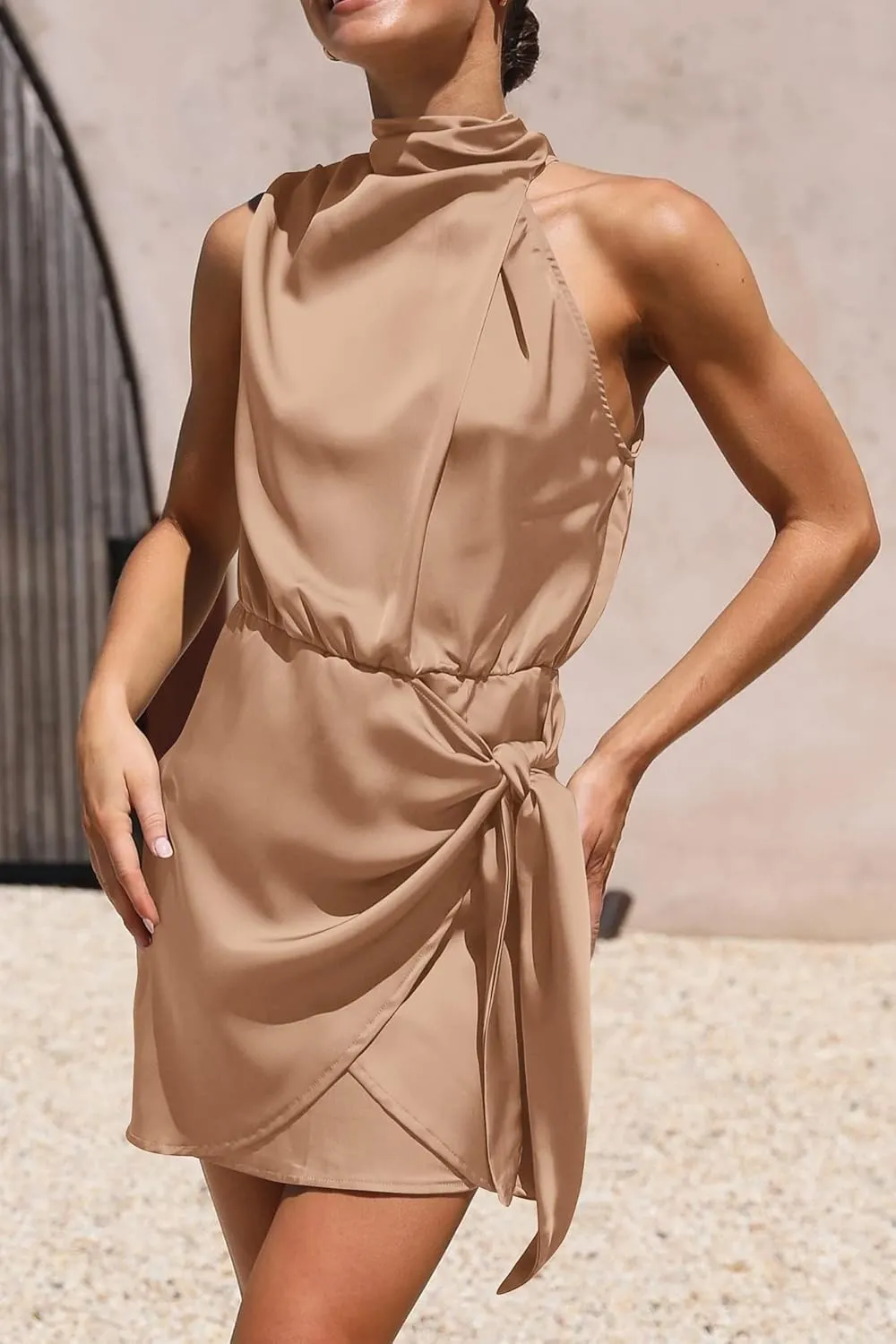 PRETTYGARDEN Women's Short Formal Satin Dress Summer Sleeveless Mock Neck Tie Waist Cocktail Party Dresses
