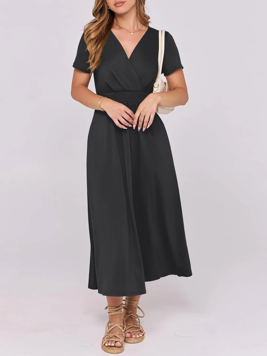Prinbara Womens Summer Casual Wrap Short Sleeve Floral Maxi Dress 2025 Spring Elegant V Neck Flowy Boho Beach Long Dresses