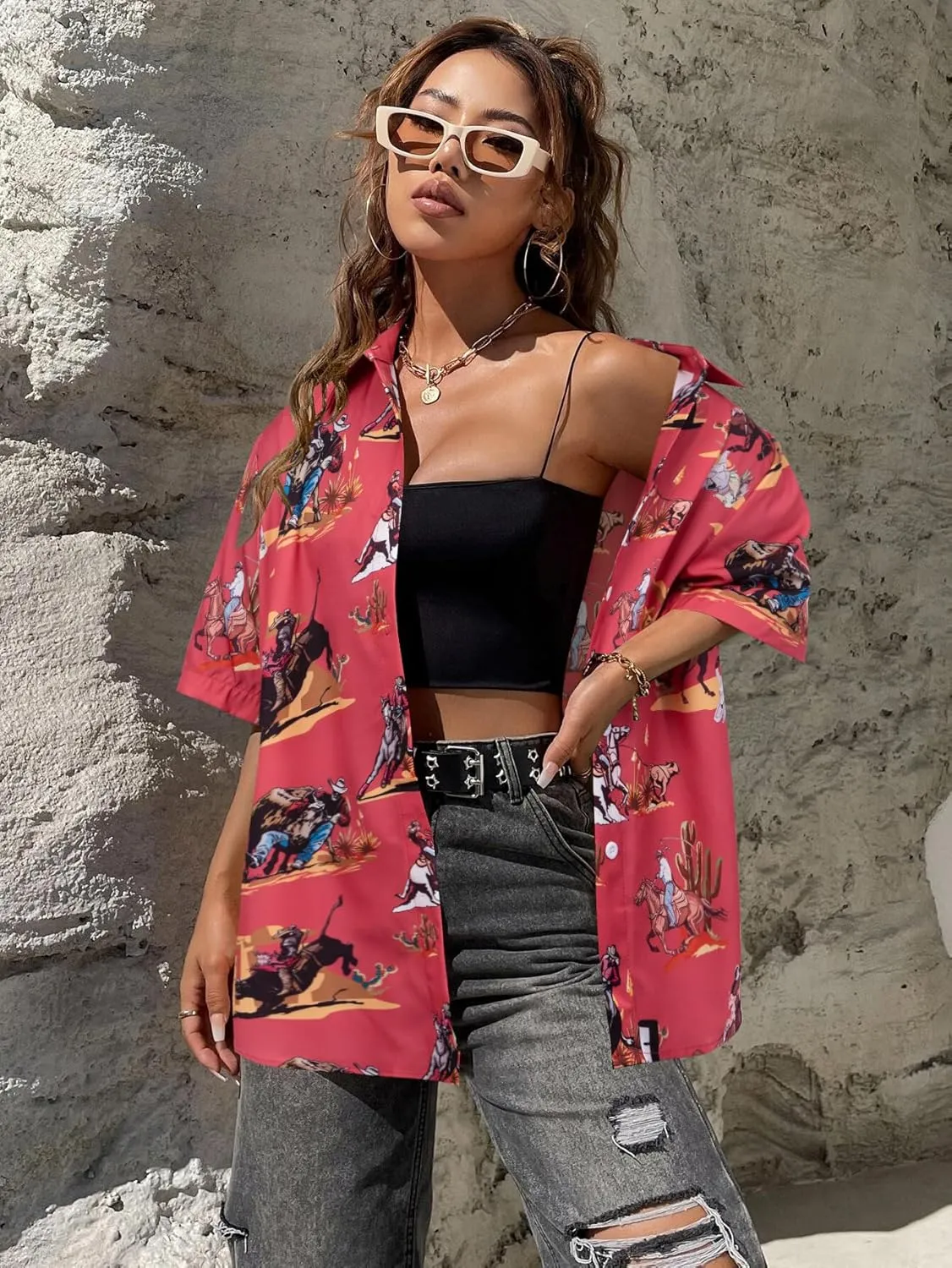 QLIPIN Western Button Up Shirts Women: Retro Cowgirl Shirt Rodeo Tops Hawaiian Summer Vacation Short Sleeve Top Blouses
