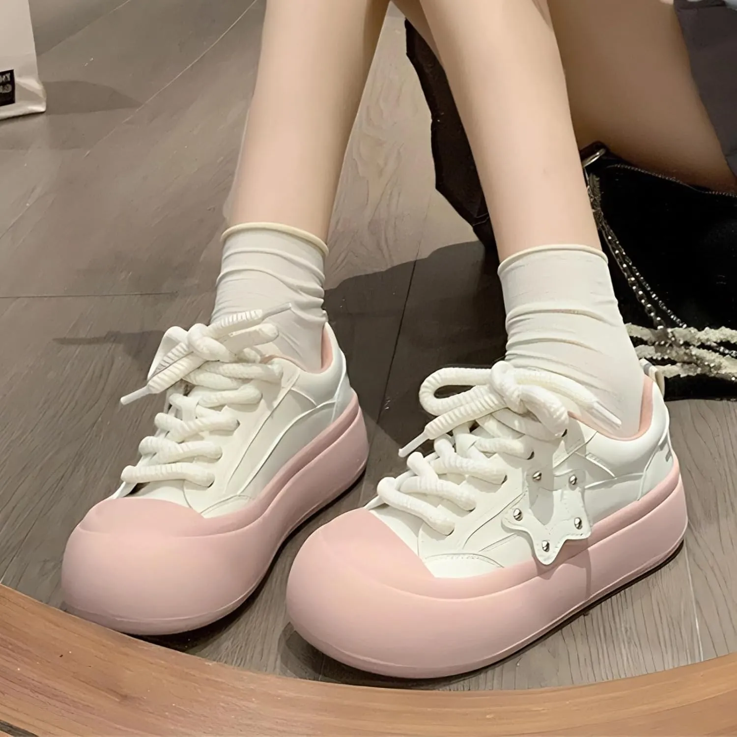 Quirky Cute Star Patch Chunky Sneakers for Women, Preppy Y2K Cute Platform Shoes, Height Boost All Season Wear