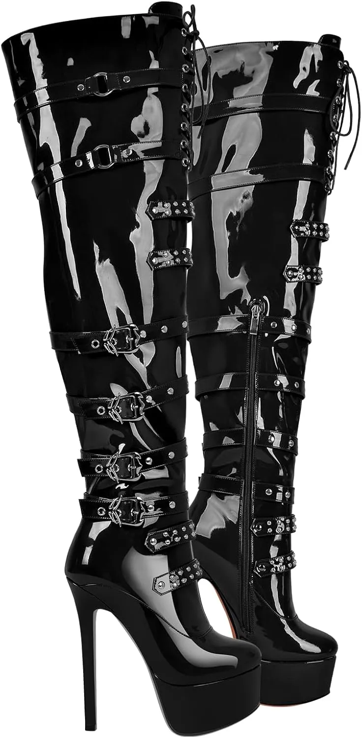 richealnini Women's Platform Heel Thigh High Boots with Zippers Lace Up Sexy Sky High Heels Long Shaft Over the Knee High Boots